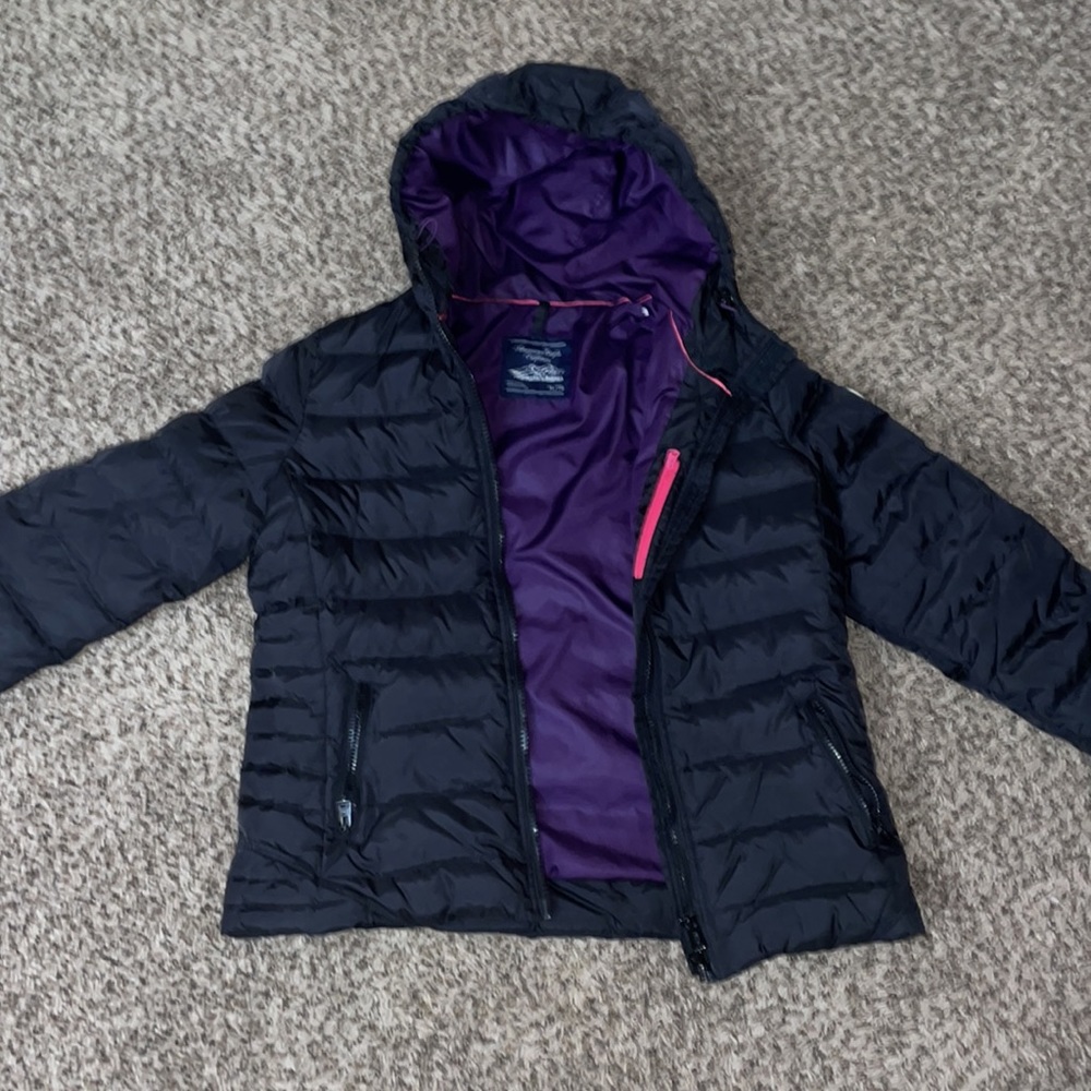 Women’s Black Puffer Jacket with Purple Lining - Lightweight Hooded Coat